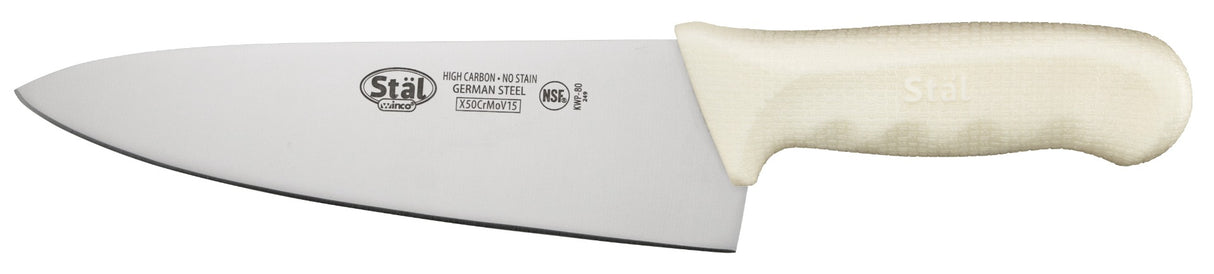 Winco KWP-80 Stal High Carbon Steel Chef's Knife with 8" Blade and White Polypropylene Handle - 6/Case