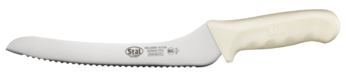 Winco KWP-92 Stal High Carbon Steel Bread Knife with 9" Blade and White Polypropylene Offset Handle - 36/Case