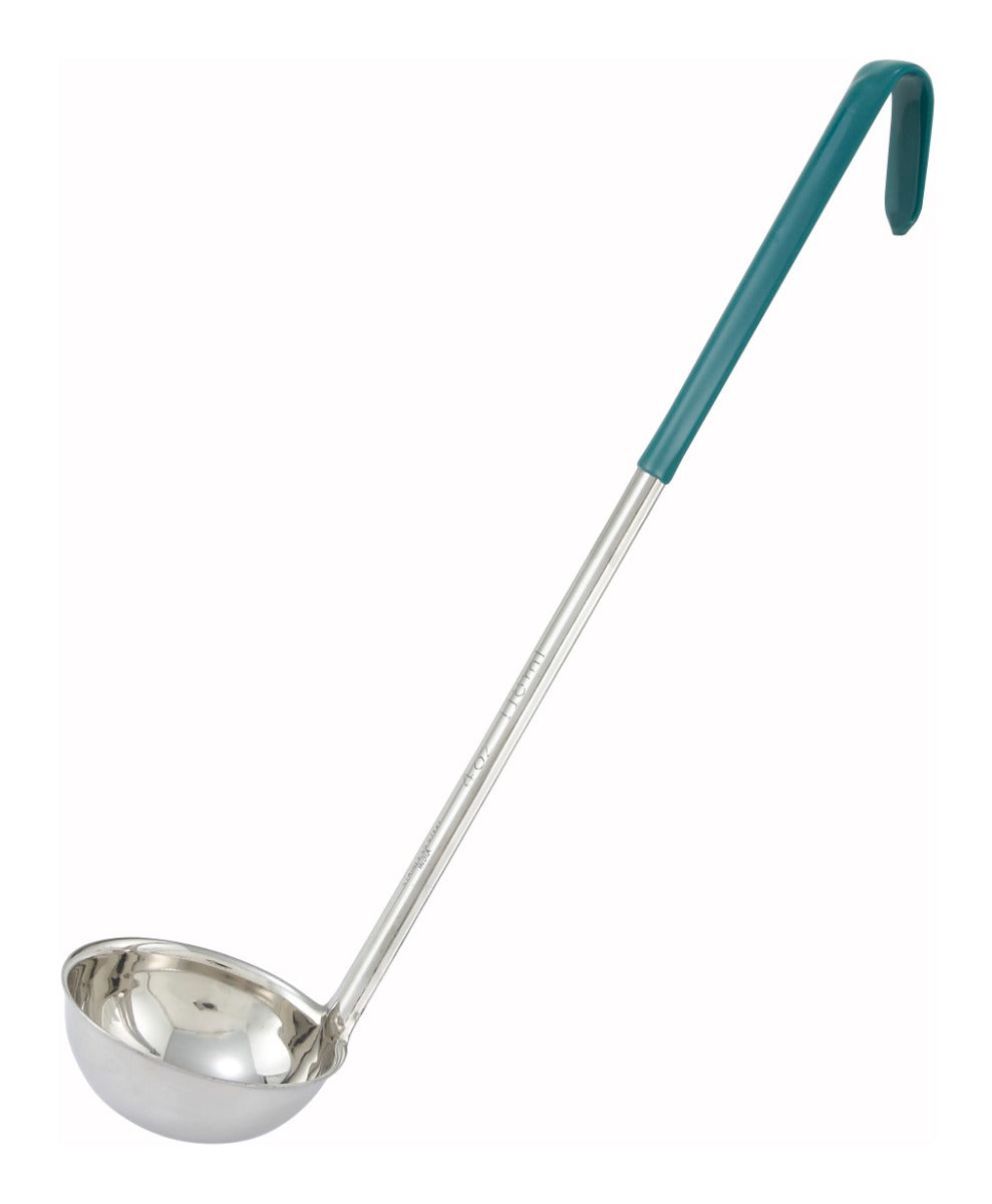 Winco LDC-4 One-Piece Stainless Steel Color-Coded Ladle with 15-1/2" Green Coated Hooked Handle 4 oz. - 120/Case