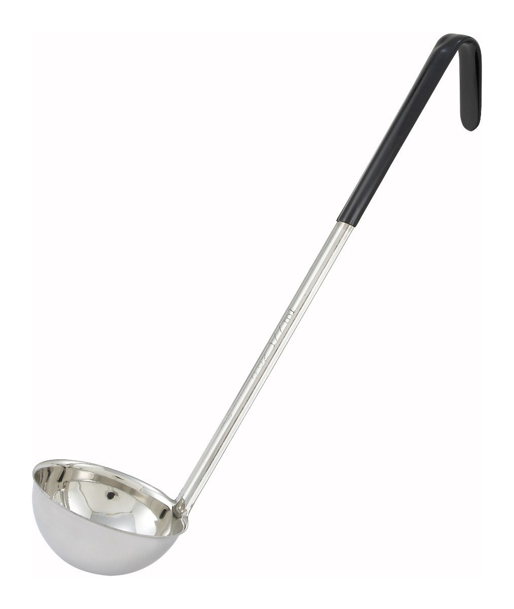 Winco LDC-6 One-Piece Stainless Steel Color-Coded Ladle with 15-1/2" Black Coated Hooked Handle 6 oz. - 120/Case