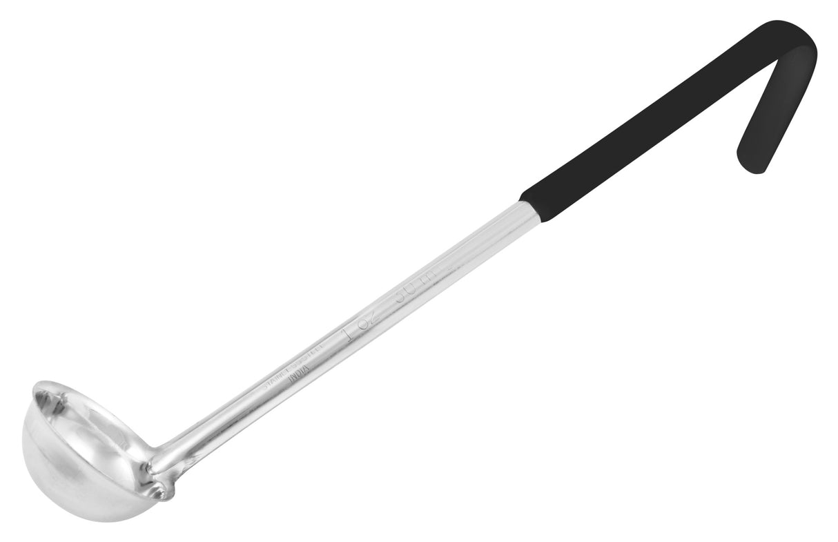 Winco LDCN-8K Prime One-Piece Stainless Steel Ladle with Black Coated Hooked Handle 8 oz. - 60/Case