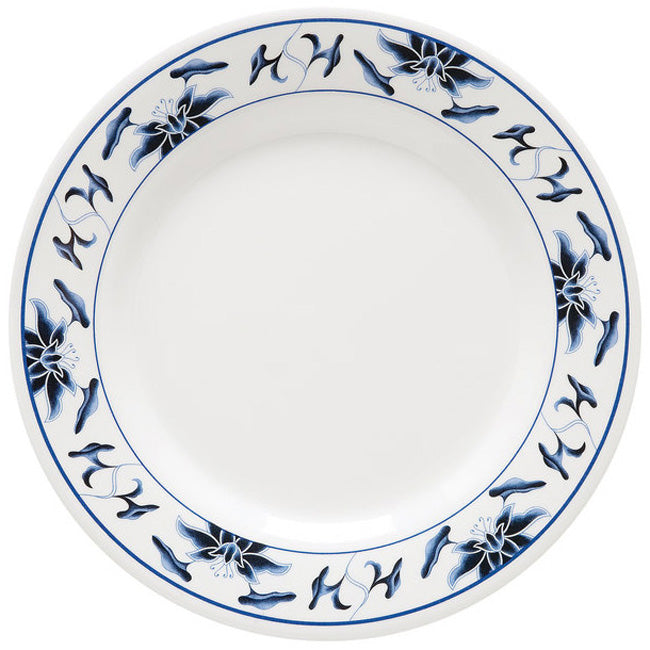 GET M-5090-B Water Lily Melamine Round Dinner Plate 10-1/2" - White w/ Blue Rim - 12/Case