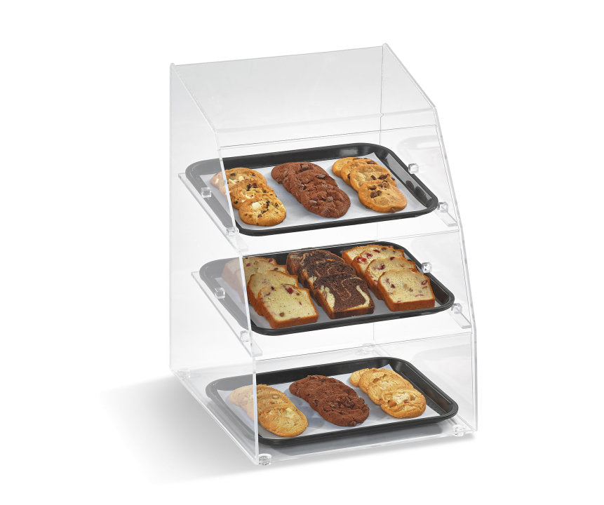 Vollrath MBC1014-3R-06 Countertop Knock-Down 3-Tray Curved Front Acrylic Bakery Display Case with Split Rear Door Doors