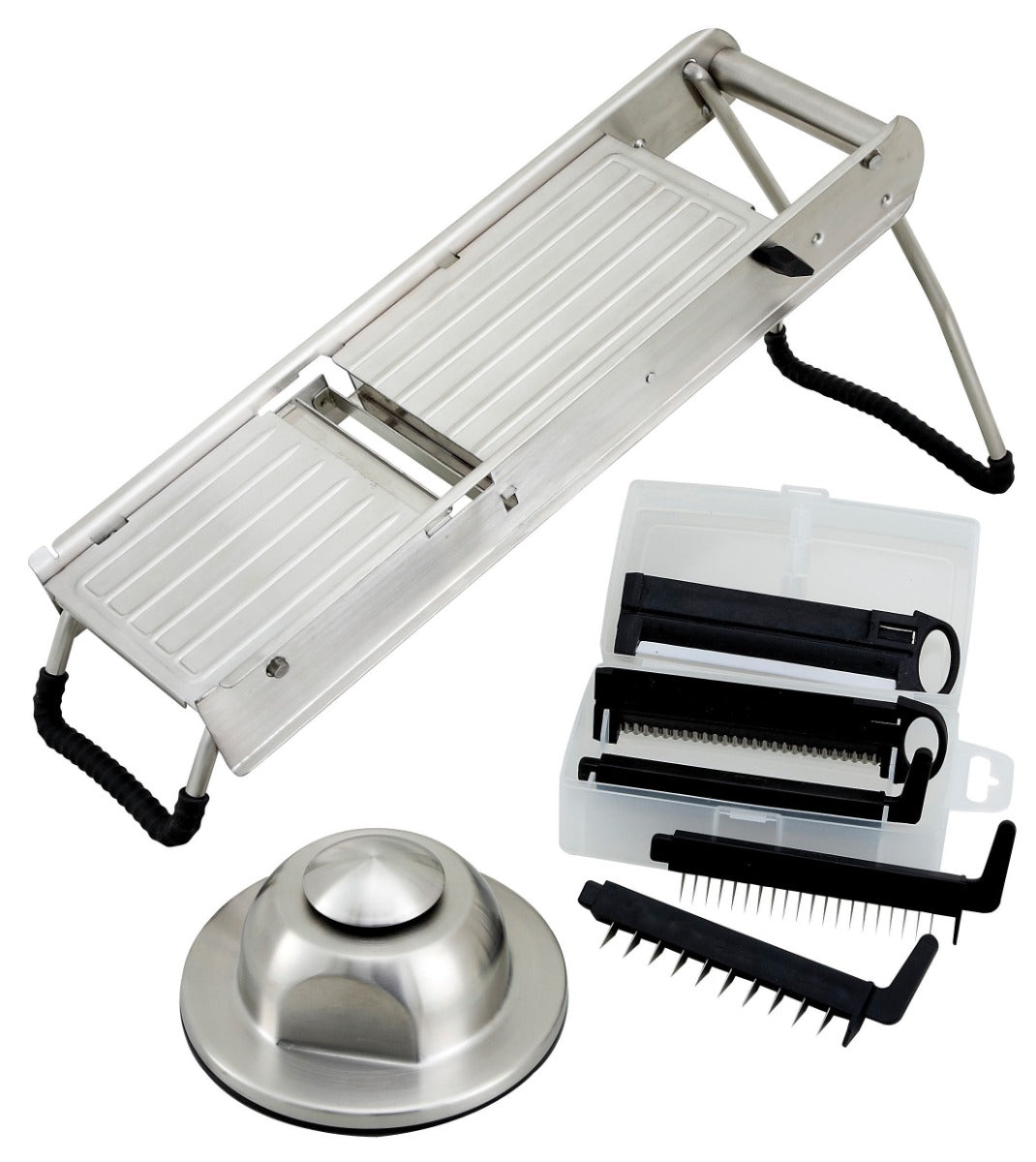 Winco MDL-15 Stainless Steel Mandoline Slicer Set with Hand Guard & (5) Interchangeable Blades 15-1/2" x 4-15/16" - 8/Case