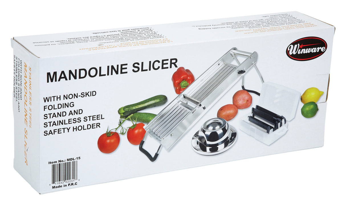 Winco MDL-15 Stainless Steel Mandoline Slicer Set with Hand Guard & (5) Interchangeable Blades 15-1/2" x 4-15/16" - 8/Case