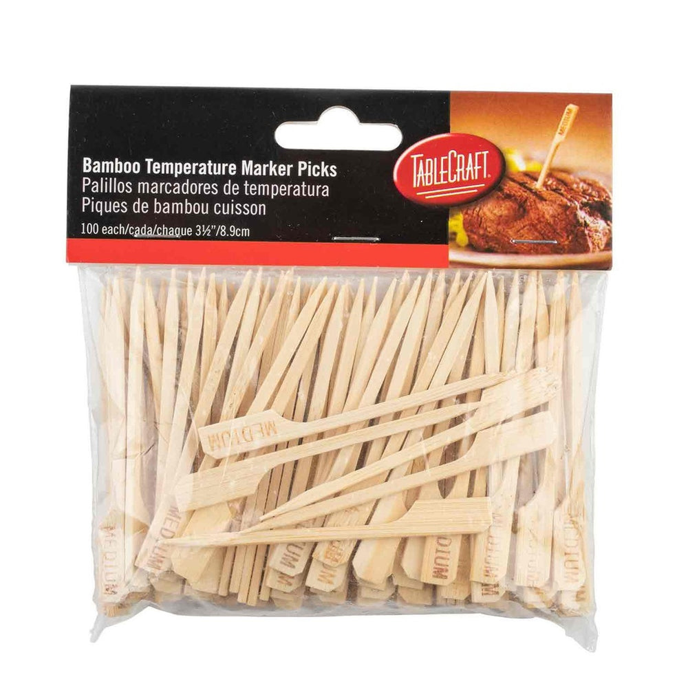 TableCraft MEDIUM "Medium" 3-1/2" Bamboo Temperature Meat Marker Pick - 100/Pack