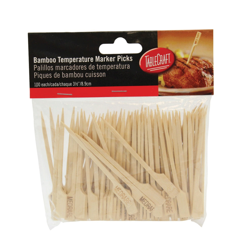 TableCraft MEDRARE "Med Rare" 3-1/2" Bamboo Temperature Meat Marker Pick - 100/Pack