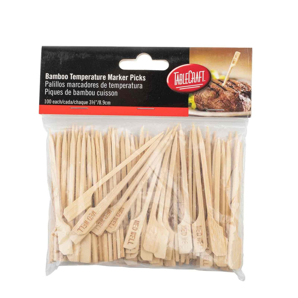 TableCraft MEDWELL "Med Well" 3-1/2" Bamboo Temperature Meat Marker Pick - 100/Pack