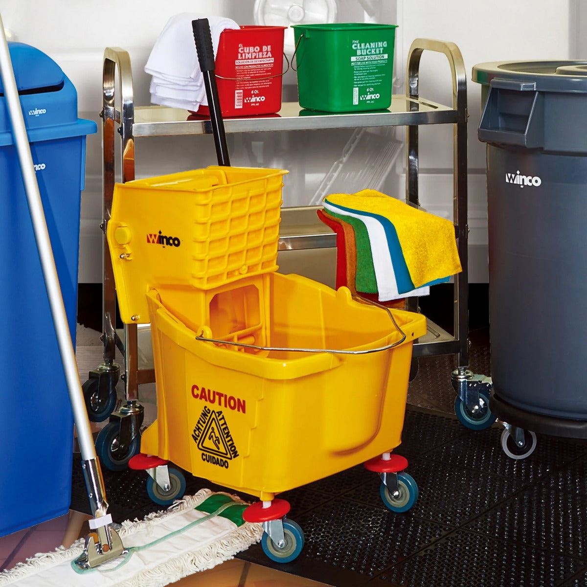 Winco MPB-36 Plastic Mop Bucket with Side-Press Wringer 36 qt. - Yellow