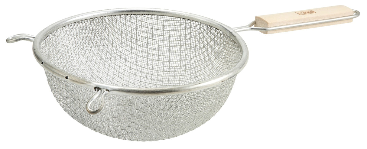 Winco MSTF-8D Tin-Plated Stainless Steel Double Fine Mesh Strainer with 8" dia. Bowl and 6-1/4"L Wood Handle - 48/Case
