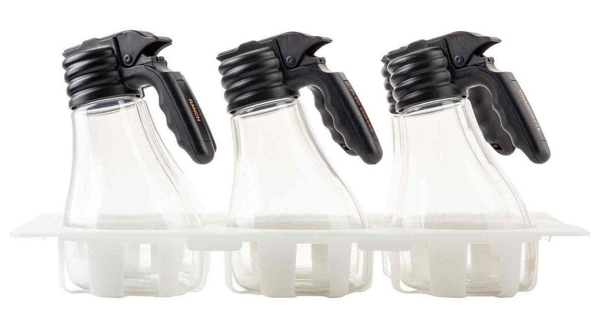 TableCraft N481 Option Polycarbonate Salad Dressing Dispenser Set with Black Plastic Top and (10) Name Tags and (1) White Tray 48 oz. - Clear -  Set of 6