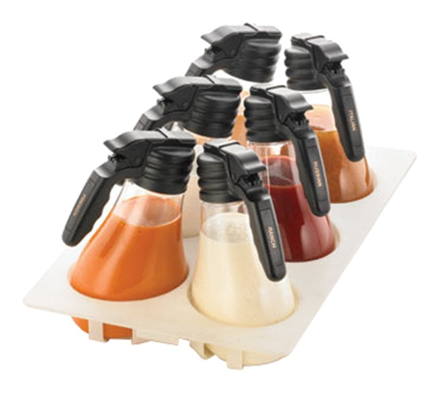 TableCraft N481 Option Polycarbonate Salad Dressing Dispenser Set with Black Plastic Top and (10) Name Tags and (1) White Tray 48 oz. - Clear -  Set of 6