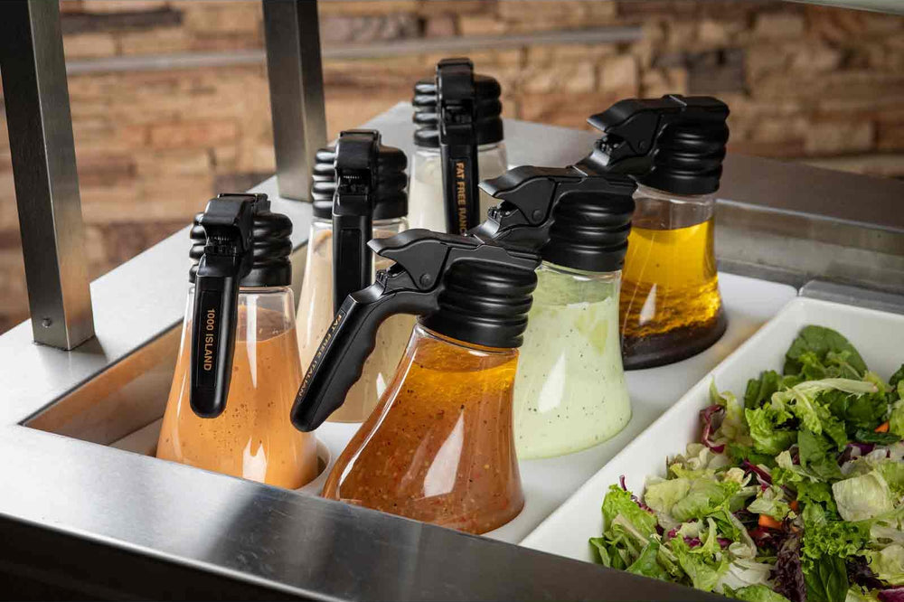 TableCraft N481 Option Polycarbonate Salad Dressing Dispenser Set with Black Plastic Top and (10) Name Tags and (1) White Tray 48 oz. - Clear -  Set of 6