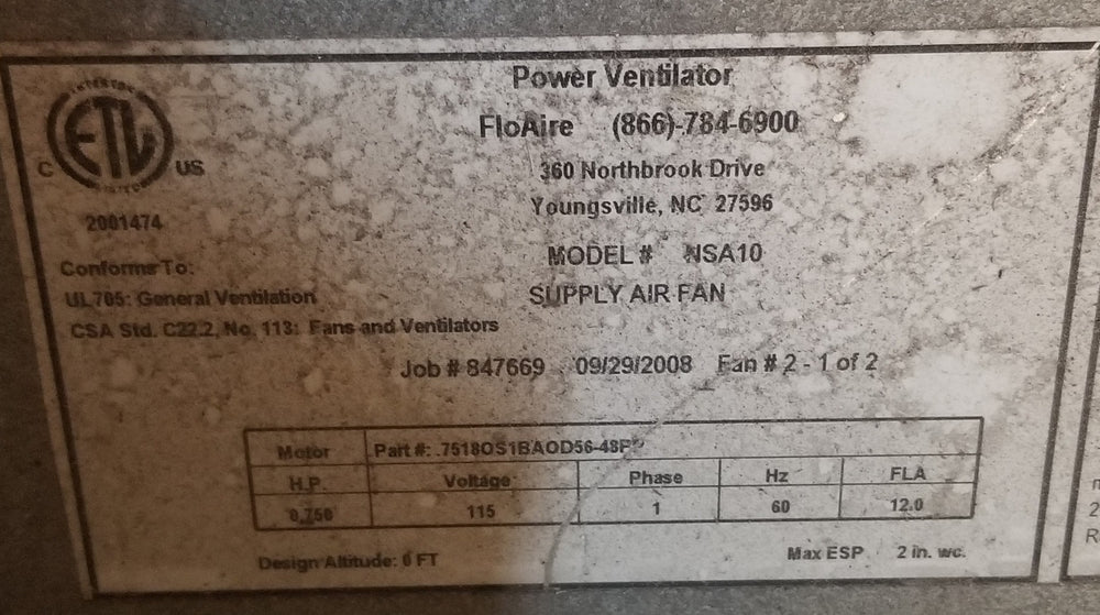 Used Restaurant Equipment - FloAire NSA10 Modular Rooftop Make-Up Air Fan - 115v/60/1, 3/4 HP, 12 FLA