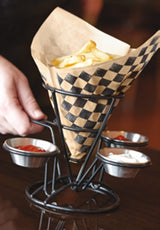 GET P-BKC-77- BR Food-Safe Double-Open Bag / Wire Cone Basket Liner 7" x 7" - Rustic Black Checker on Brown - 2000/Case