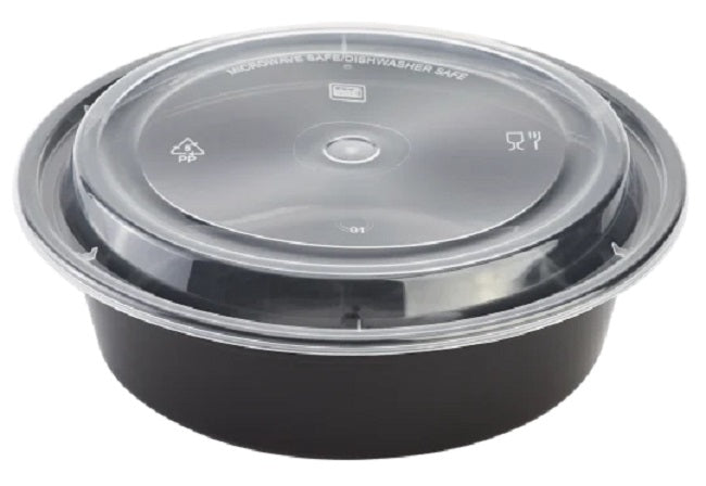 Karat IM-FC4032 Black Plastic Round Microwaveable Takeout Food Container & Clear Lid 32 oz. - 150 Sets/Case