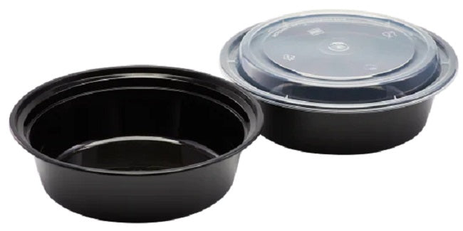 Karat IM-FC4032 Black Plastic Round Microwaveable Takeout Food Container & Clear Lid 32 oz. - 150 Sets/Case