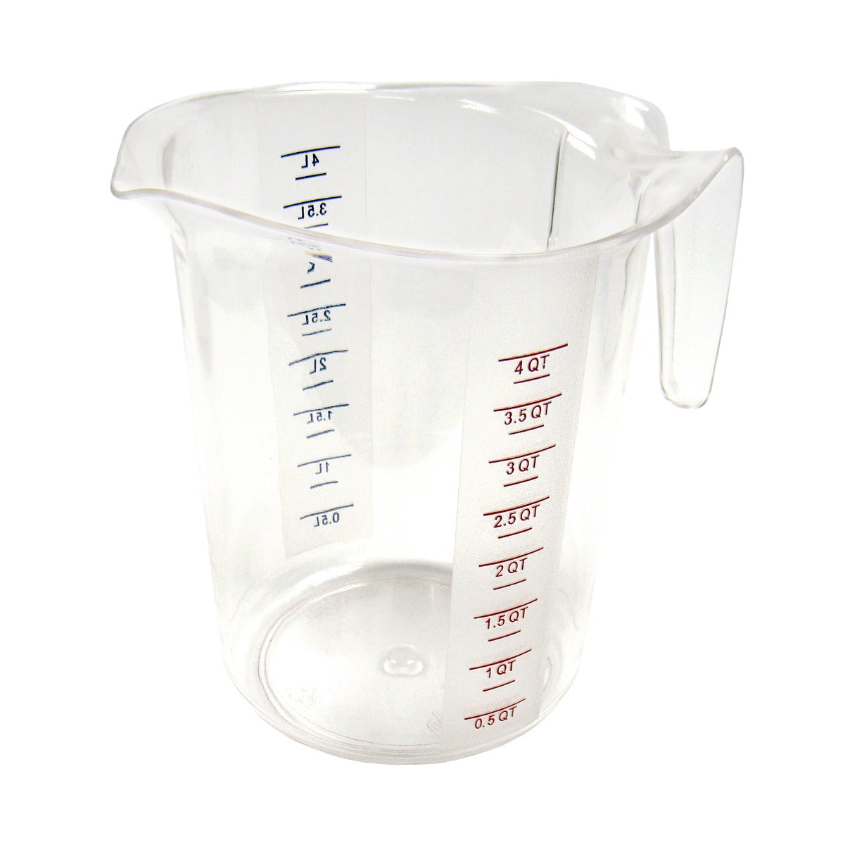 Winco PMCP-400 Polycarbonate Measuring Cup with Color Graduations 4 qt. - Clear - 24/Case