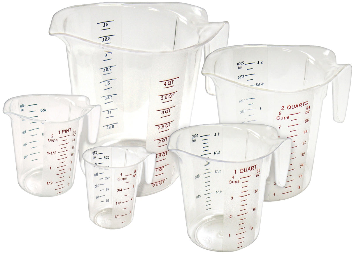 Winco PMCP-5SET 5-Piece Polycarbonate Measuring Cup Set with Color Graduations - Clear - includes: 1 cup, 1 pint, 1, 2 & 4 qt. - 6/Case