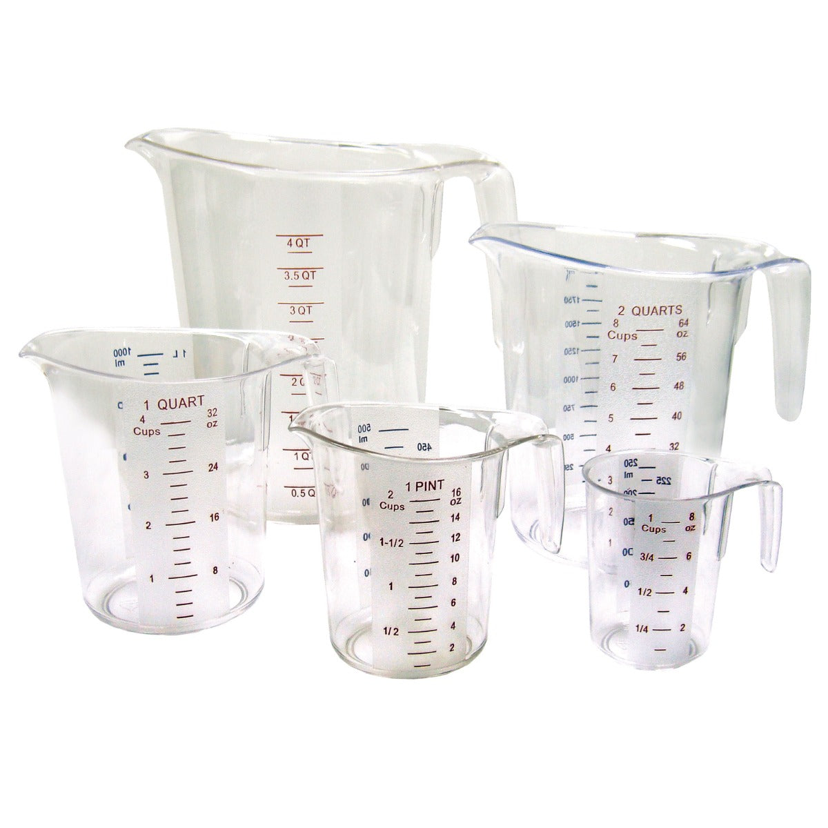 Winco PMCP-5SET 5-Piece Polycarbonate Measuring Cup Set with Color Graduations - Clear - includes: 1 cup, 1 pint, 1, 2 & 4 qt. - 6/Case