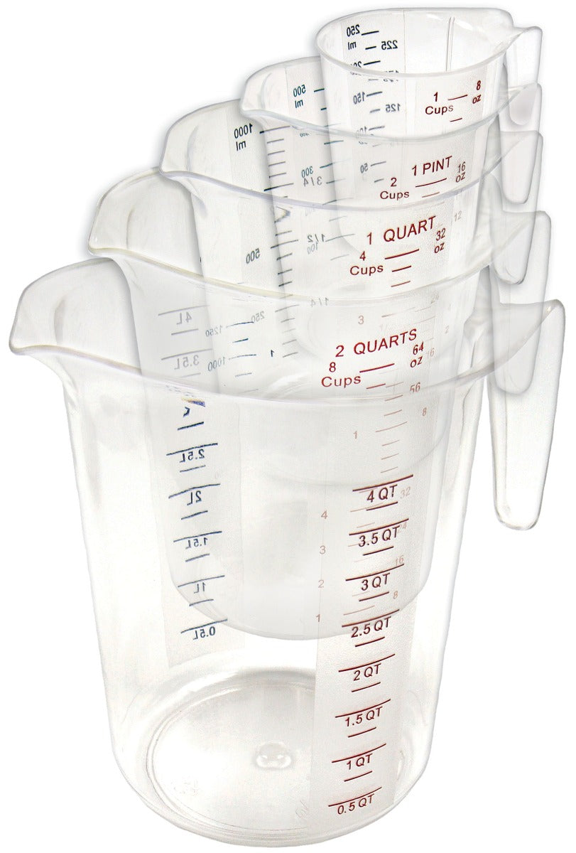 Winco PMCP-5SET 5-Piece Polycarbonate Measuring Cup Set with Color Graduations - Clear - includes: 1 cup, 1 pint, 1, 2 & 4 qt. - 6/Case