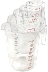 Winco PMCP-5SET 5-Piece Polycarbonate Measuring Cup Set with Color Graduations - Clear - includes: 1 cup, 1 pint, 1, 2 & 4 qt. - 6/Case