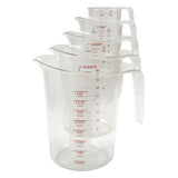 Winco PMCP-5SET 5-Piece Polycarbonate Measuring Cup Set with Color Graduations - Clear - includes: 1 cup, 1 pint, 1, 2 & 4 qt. - 6/Case