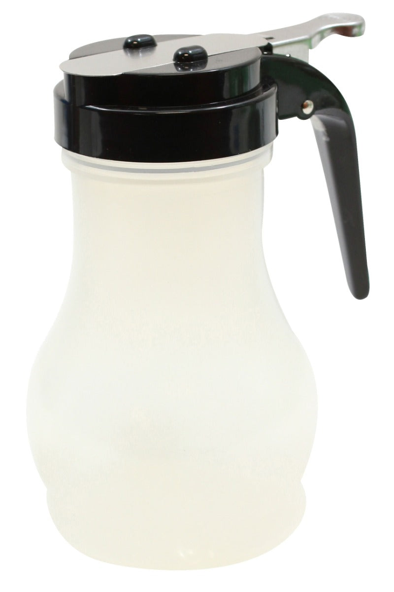 TableCraft PP410BK Teardrop Polypropylene Syrup Dispenser with Black ABS Top 10 oz. - Translucent