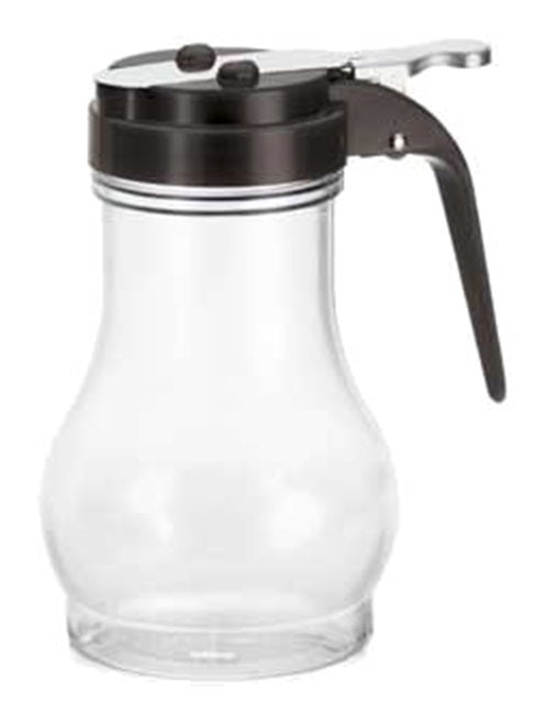 TableCraft PP410BK Teardrop Polypropylene Syrup Dispenser with Black ABS Top 10 oz. - Translucent