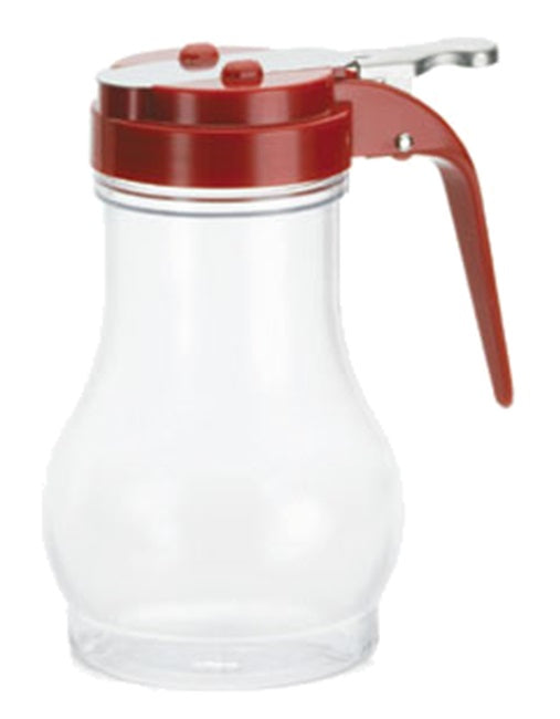 TableCraft PP410RE Teardrop Polypropylene Syrup Dispenser with Red ABS Top 10 oz. - Translucent
