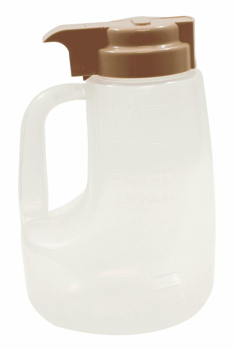 TableCraft PP48BE Option Syrup Dispenser with Graduated Markings and Plastic Beige Lid 48 oz. - 6/Case