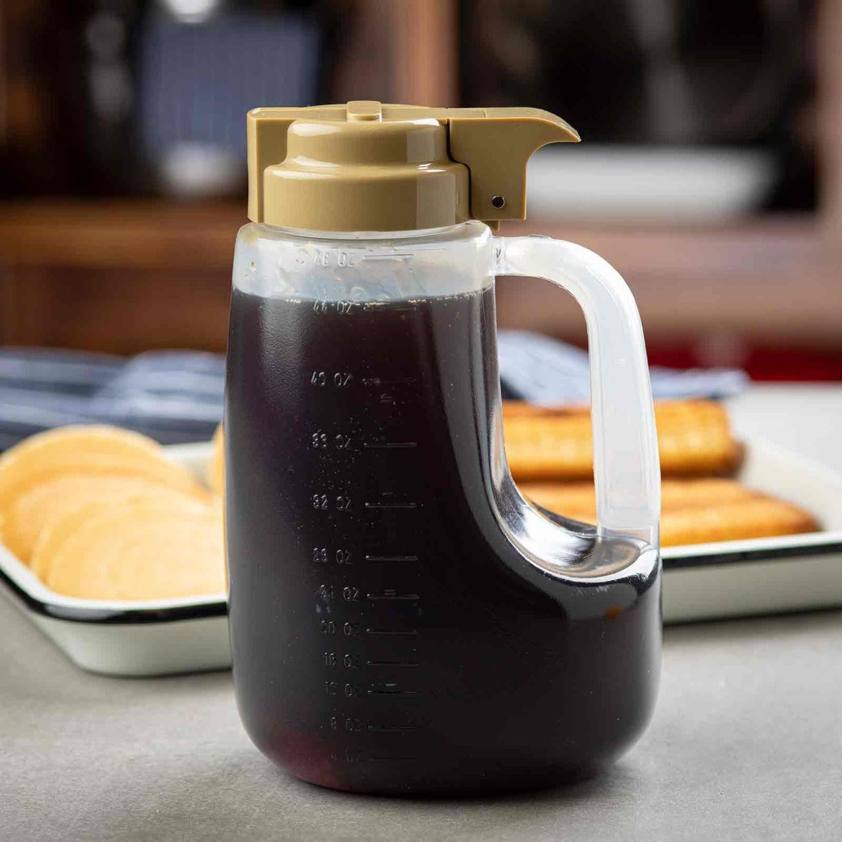 TableCraft PP48BE Option Syrup Dispenser with Graduated Markings and Plastic Beige Lid 48 oz. - 6/Case