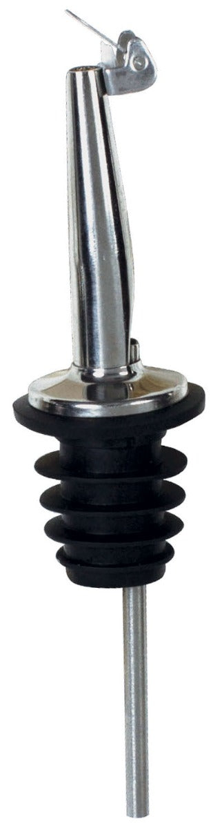 Winco PPM-4C Medium/Fast Flow Liquor Pourer with Stainless Steel Tapered Spout, Hinged Cap, and Black Plastic Cork - 144/Case
