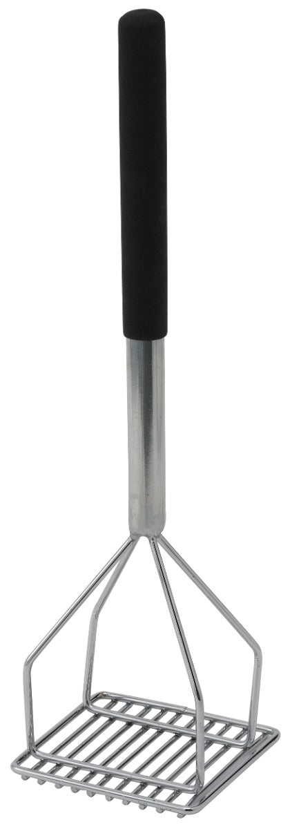 Winco PTMP-18S Nickle-Plated Steel Potato Masher with 4-1/2" Square Face and 17-3/4" Black Textured Plastic Handle - 6/Case