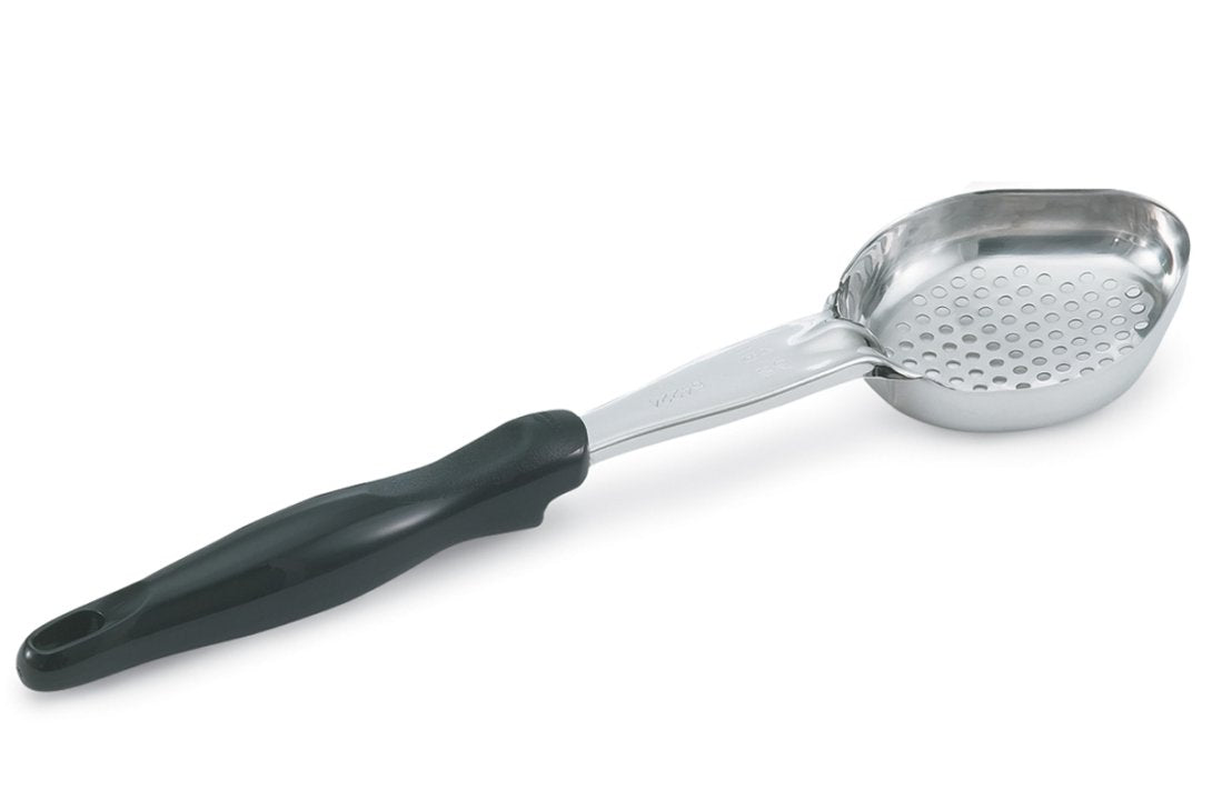 Vollrath 6412620 6-ounce one-piece heavy-duty stainless steel oval Spoodle utensil with black nylon handle