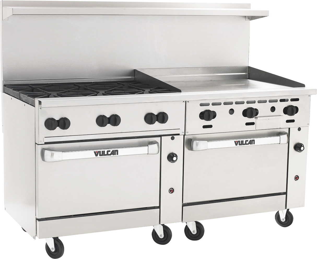 Vulcan 72SS-6B36G Endurance Gas Range 6 Burners w/ Manual Griddle and 2 Standard Oven Bases 72" - 310,000 BTU