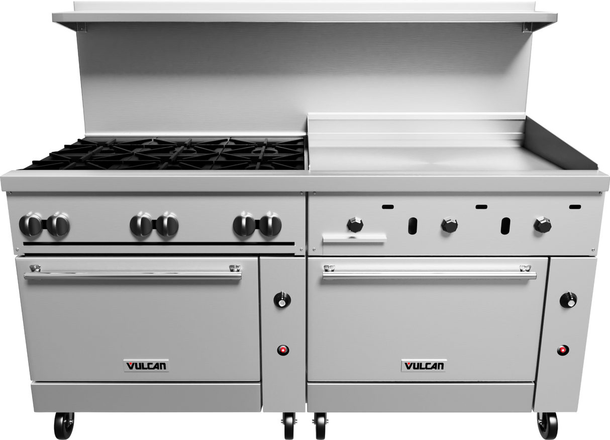 Vulcan 72SS-6B36GT Endurance Gas Range 6 Burners w/ Thermostatic Griddle & 2 Standard Oven Bases 72" - 310,000 BTU