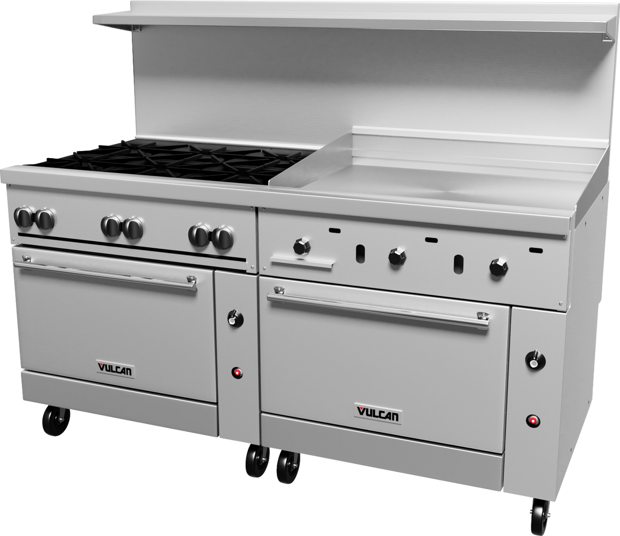 Vulcan 72SS-6B36GT Endurance Gas Range 6 Burners w/ Thermostatic Griddle & 2 Standard Oven Bases 72" - 310,000 BTU