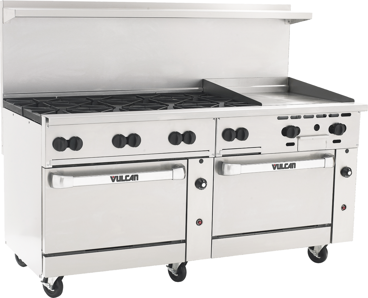Vulcan 72SS-8B24G Endurance Natural Gas Range 8 Burners w/ Manual Griddle & 2 Standard Oven Bases 72" - 350,000 BTU