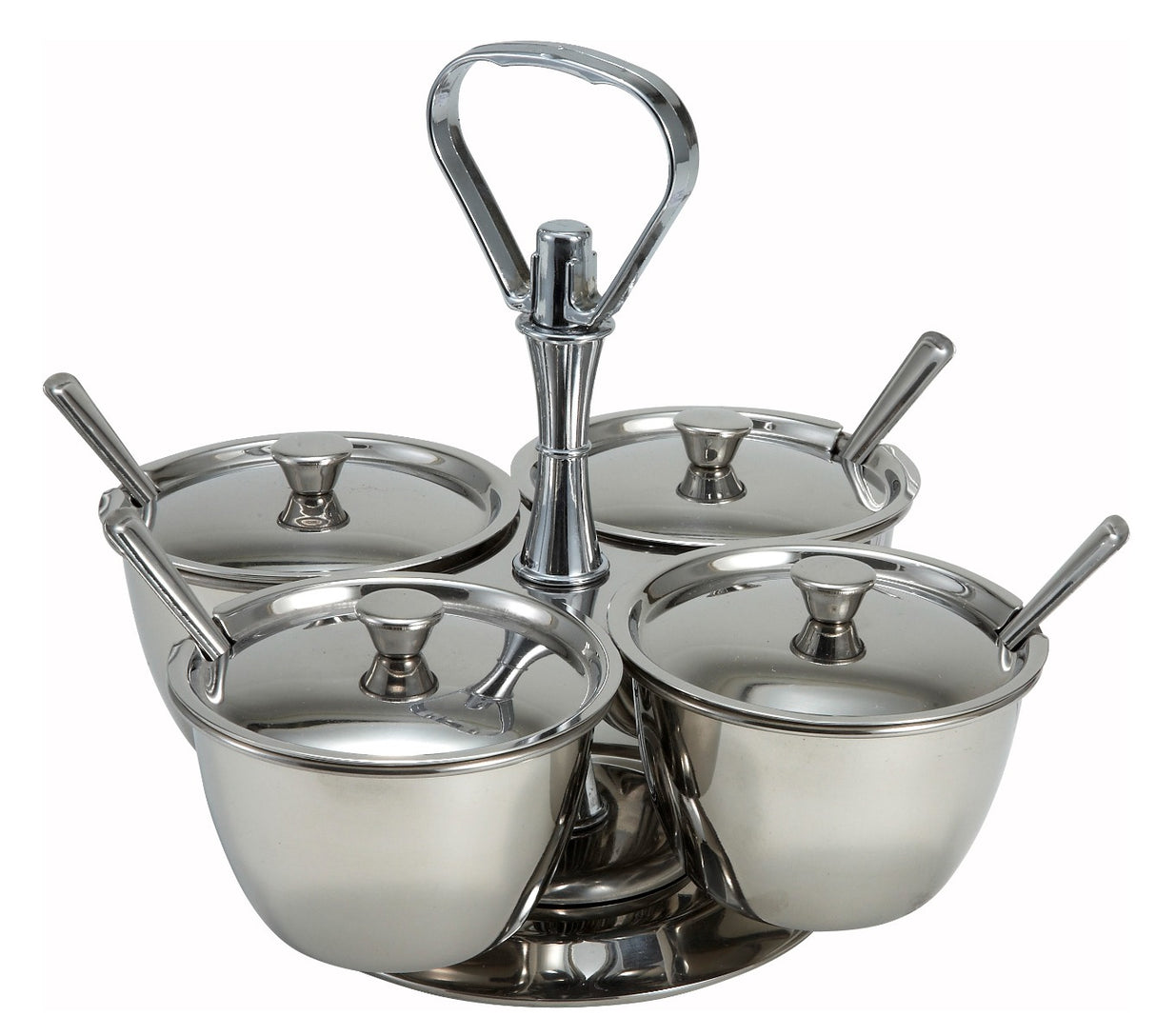 Winco RS-4 Stainless Steel Condiment Caddy / Relish Server with (4) 8 oz. Round Compartments - Silver - 24/Case
