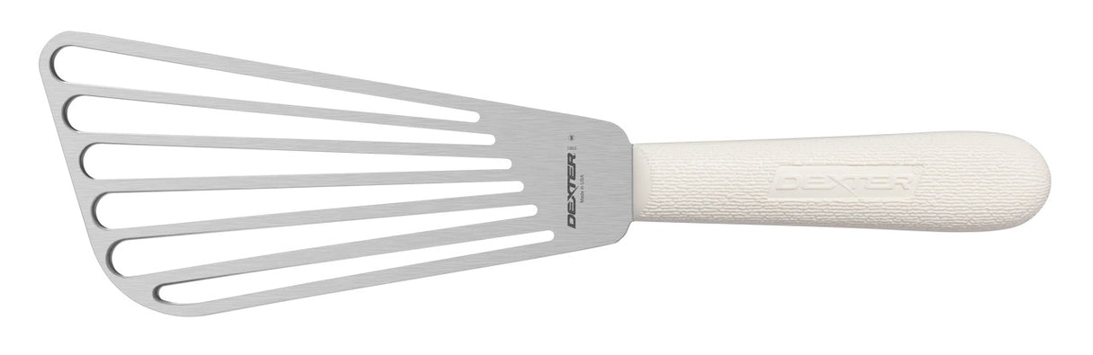 Dexter Russell S186 1/2 PCP Sani-Safe 19673 Stainless Steel Slotted Fish Turner with White Polypropylene Handle 6-1/2" x 3" - 6/Case