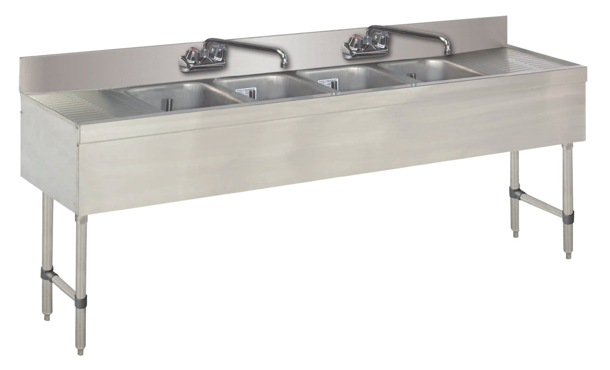 Advance Tabco SLB-64C-X Special Value 4-Compartment Underbar Sink 72" with 2 Splash Mount Faucets and 10" x 14" x 10" Deep Bowl - Left/Right Drainboard
