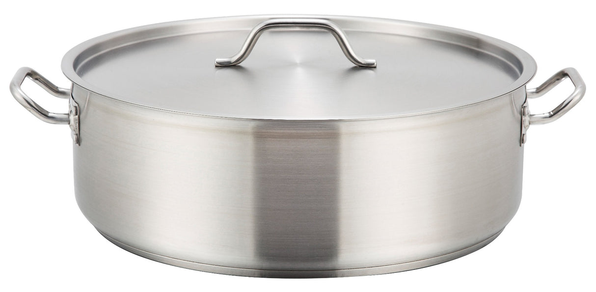 Winco SSLB-20 Premium Stainless Steel Induction Brazier / Braising Pot with Cover 20 qt.