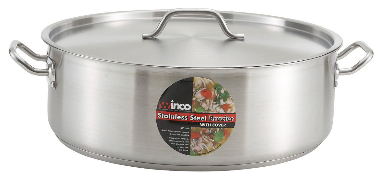 Winco SSLB-30 Premium Stainless Steel Induction Brazier / Braising Pot with Cover 30 qt.