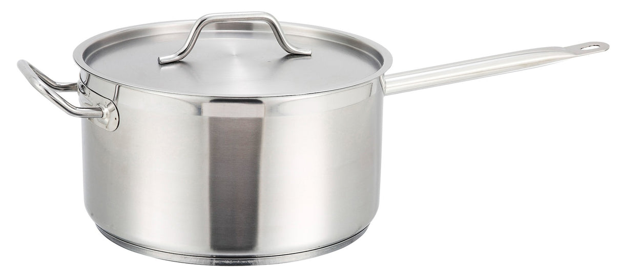 Winco SSSP-10 Premium Stainless Steel Induction Sauce Pan with Cover and Helper Handle 10 qt. - 2/Case