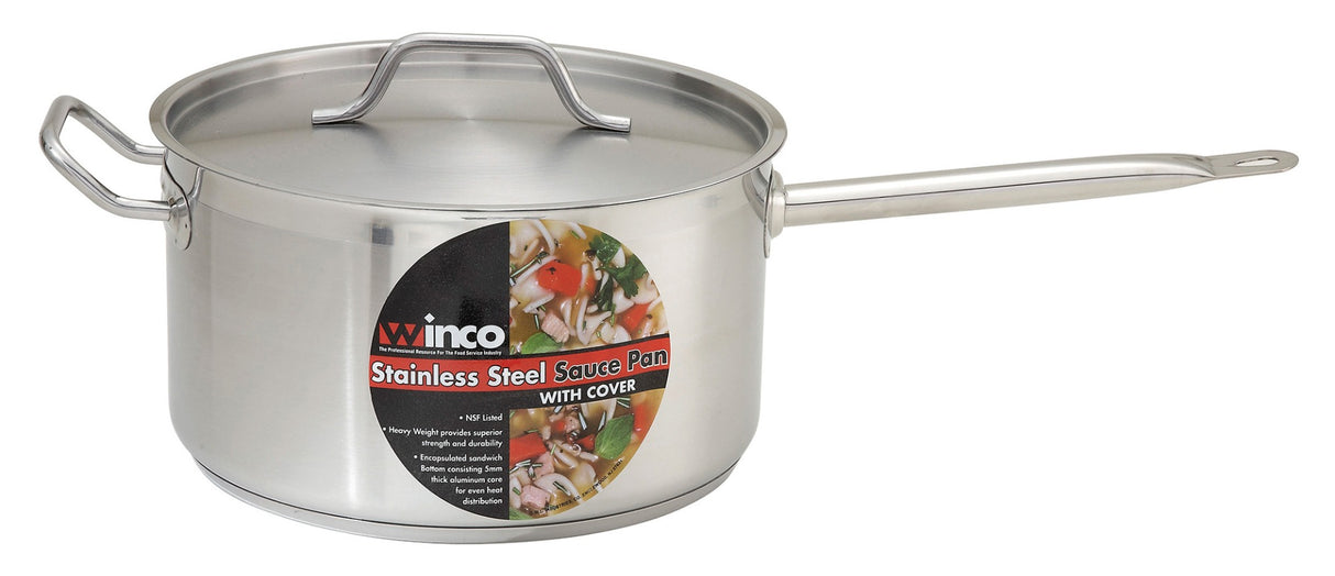 Winco SSSP-10 Premium Stainless Steel Induction Sauce Pan with Cover and Helper Handle 10 qt. - 2/Case