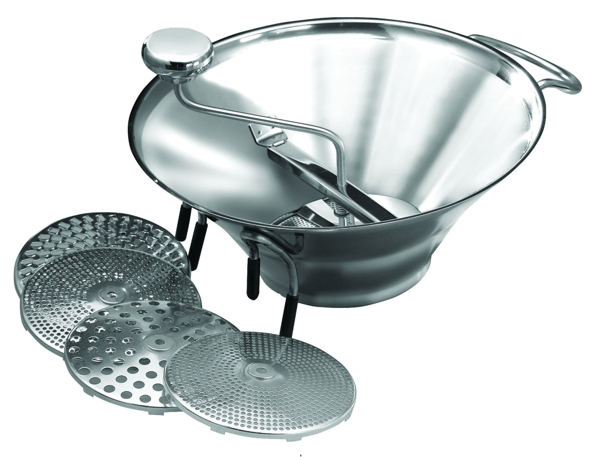 Winco SVM-12 Heavy-Weight Stainless Steel Manual Food Mill with (5) Sieves 5 qt. - 3 lb. per Minute Capacity - 4/Case