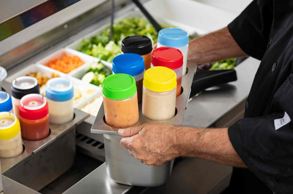 TableCraft T6 Stainless Steel 6-Hole Squeeze Bottle Holder Template  - fits 1/3 Size Food Pan - 12/Case