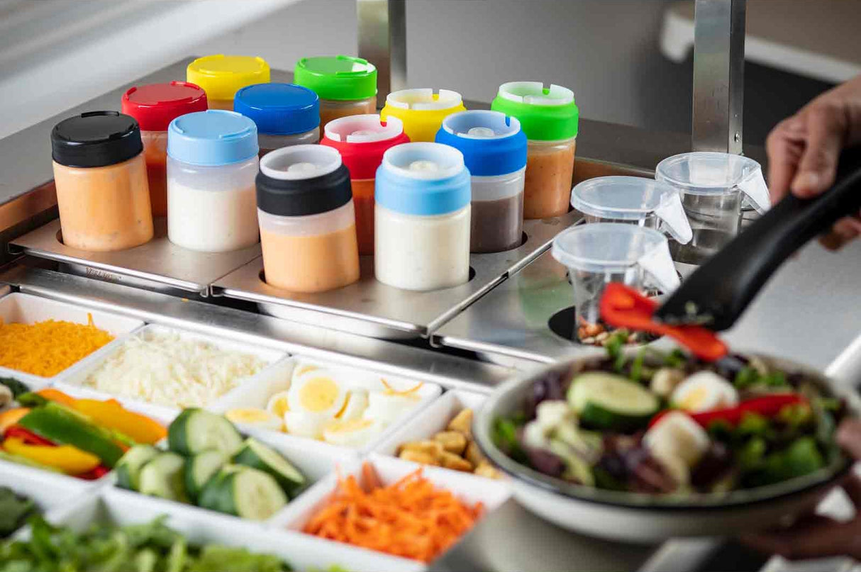 TableCraft T6 Stainless Steel 6-Hole Squeeze Bottle Holder Template  - fits 1/3 Size Food Pan - 12/Case