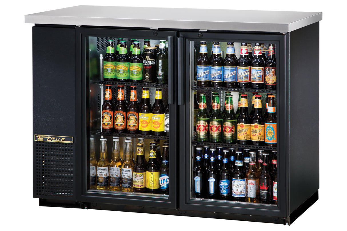 True TBB-24-48G-HC-LD Black 2 Glass Swing Door 24" Deep Back Bar Refrigerator 49" - Holds (48) 6-Packs or (2) Half Barrels - 115v